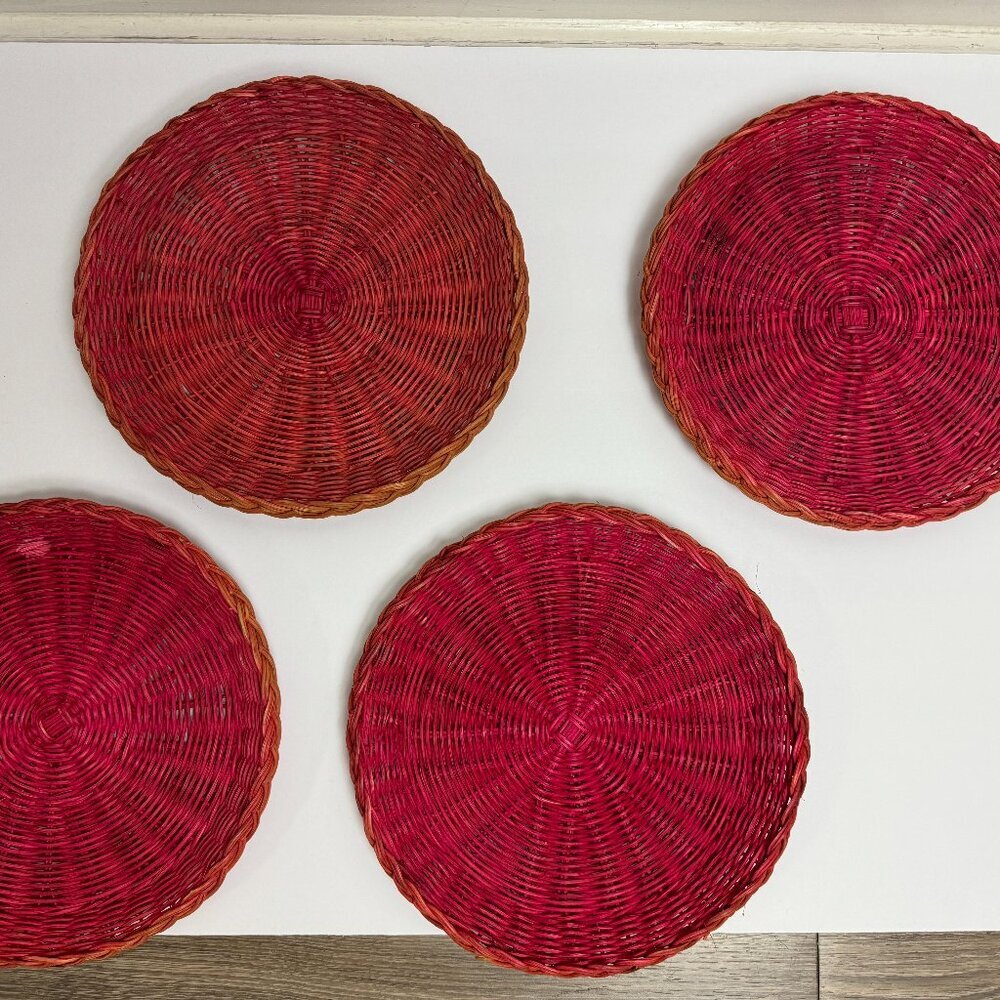 4 Vintage Red / Pink Wicker Rattan Woven Natural Plate Basket Boho Wall Decor